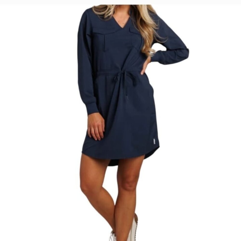 Navy Long-Sleeve V-Neck Drawstring Waist Dress